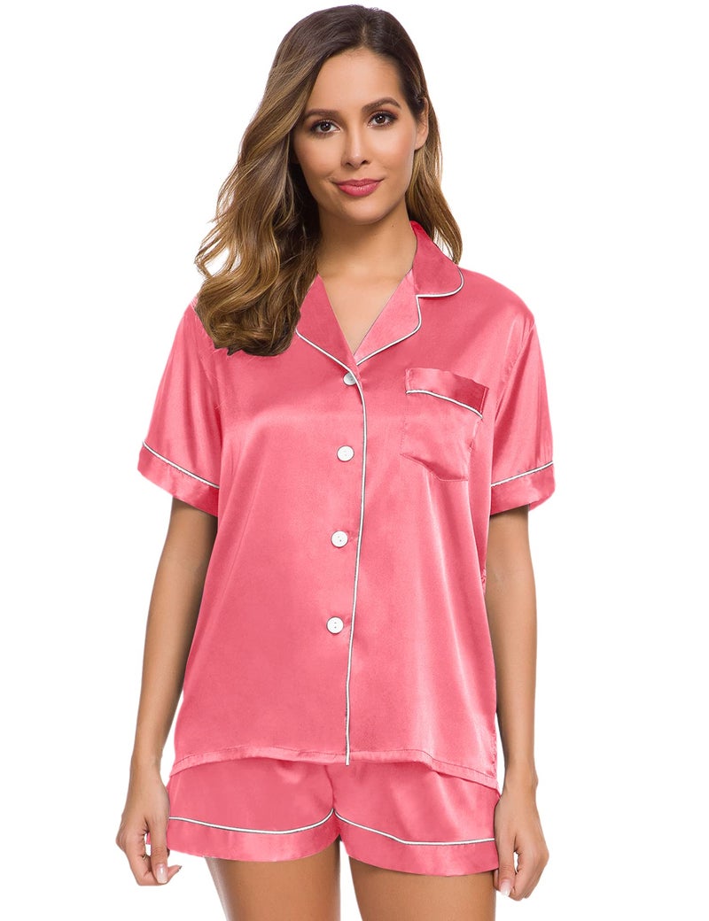 SWOMOG Womens Pajamas Set Silk Satin Sleepwear Short Sleeve Nightwear Button Down Pj Loungewear Coral Red - Image 2